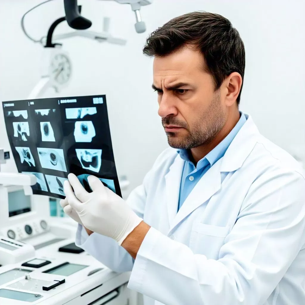 Dentista analisando uma tomografia
